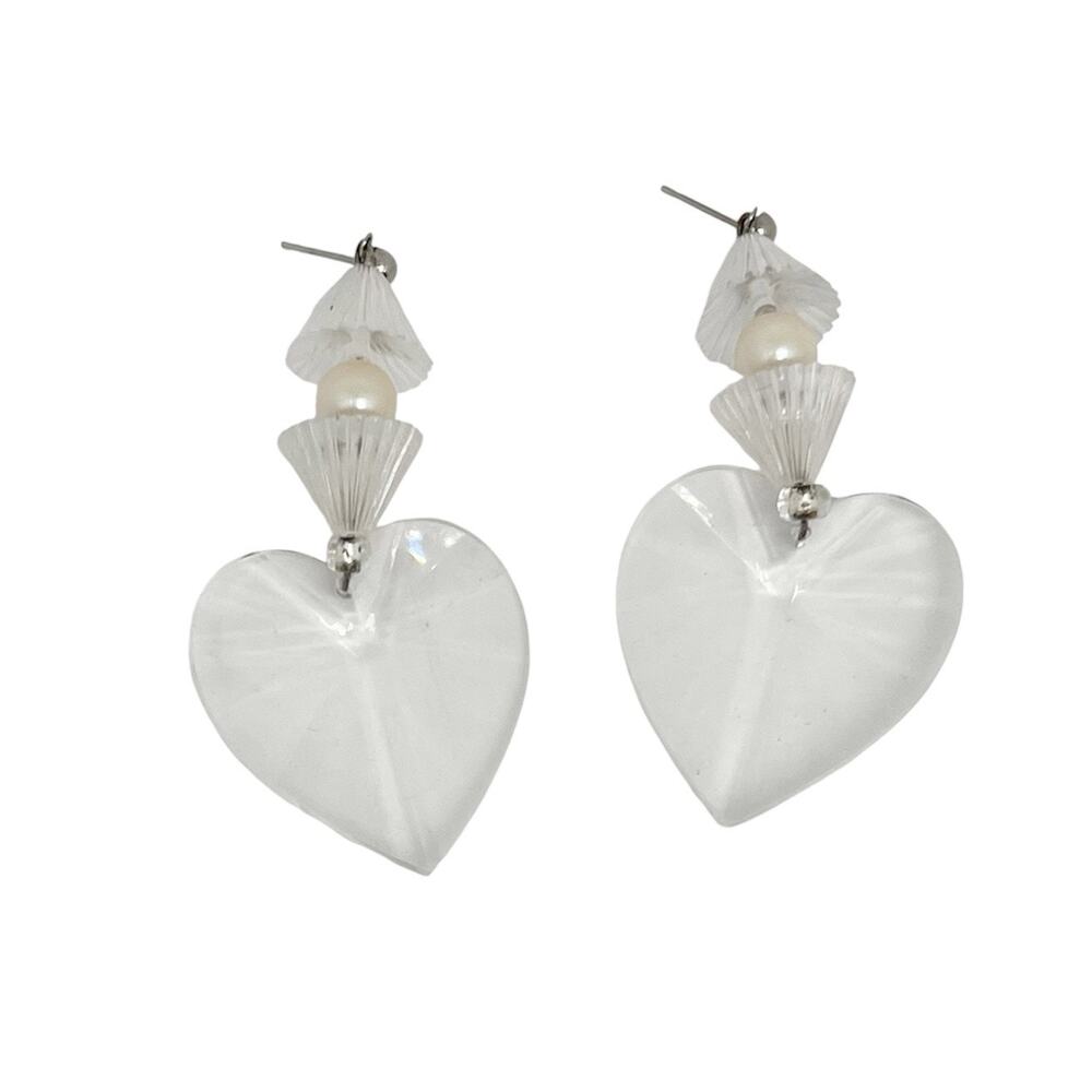 Vintage 1990s Clear Heart Beaded Dangle Drop Earrings